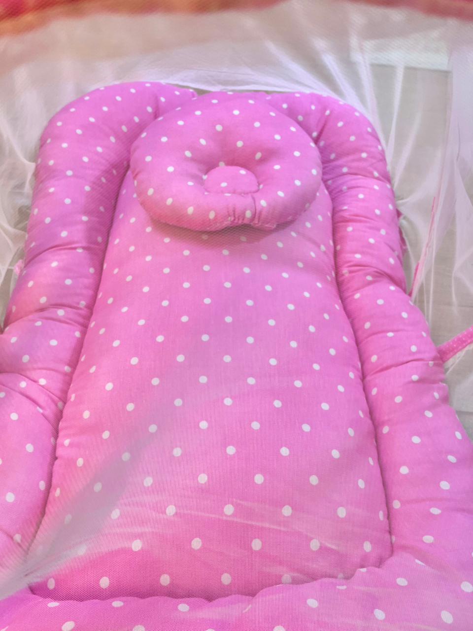 Baby Net Bed With Pillow | Pink Dots on White