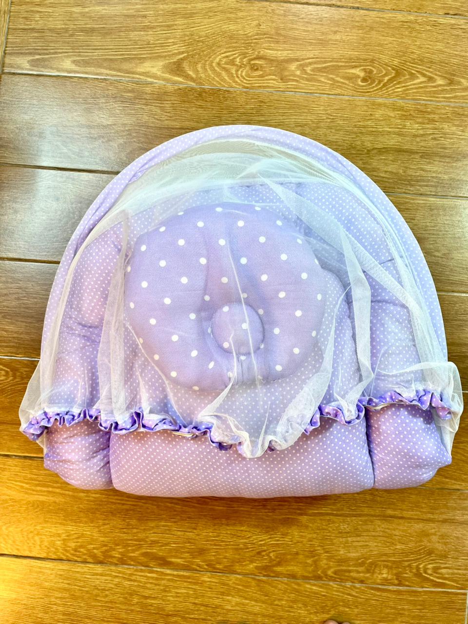 Baby Net Bed With Pillow | Purple Dots on White