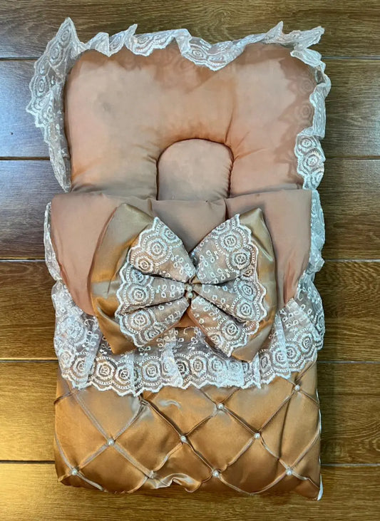 Little Flower β Premium Satin Baby Carry Nest with Lace & Bow β Gold - Little Flower