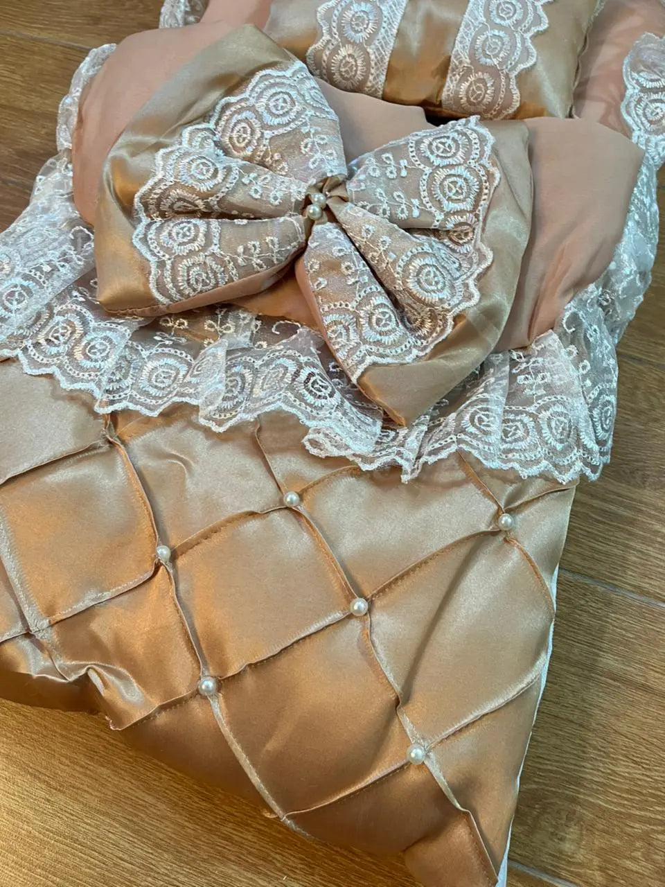 Little Flower – Premium Satin Baby Carry Nest with Lace & Bow – Gold - Little Flower