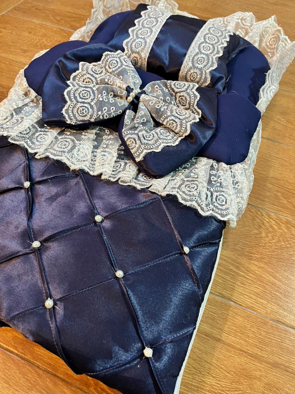 Little Flower – Premium Satin Baby Carry Nest with Lace & Bow – Dark Blue