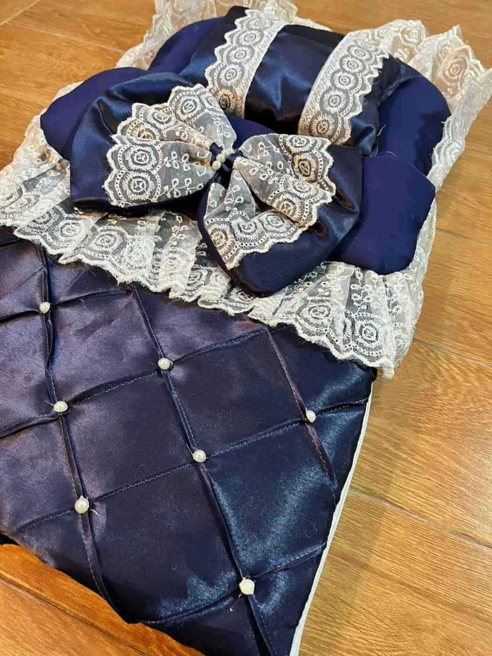 Little Flower – Premium Satin Baby Carry Nest with Lace & Bow – Dark Blue - Little Flower