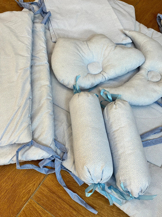 Baby Cot Bedding Set β 10PC Soft Cotton Bedding with White Dots on Blue | Newborn to 3 Years Little Flower