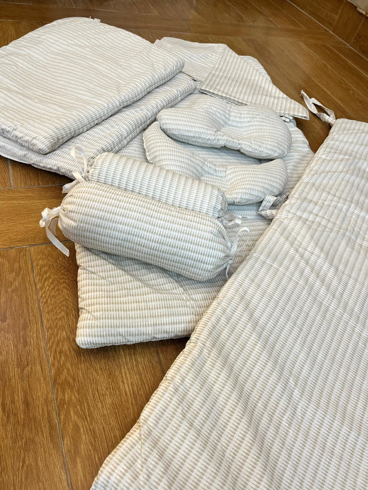 Baby Cot Bedding Set β 10-Piece Soft Cotton Set with Brown Line box on white (0β3 Years) Little Flower