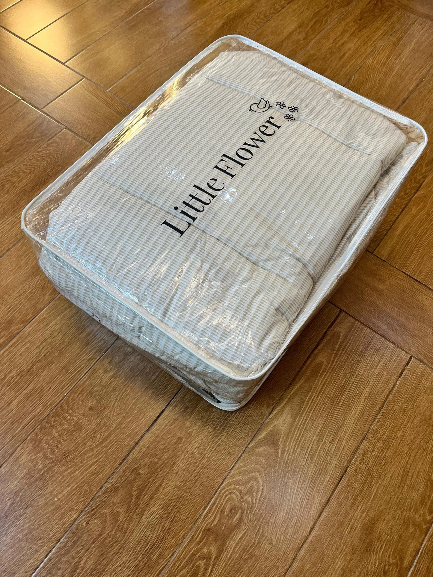 Baby Cot Bedding Set – 10-Piece Soft Cotton Set with Brown Line box on white (0–3 Years) Little Flower