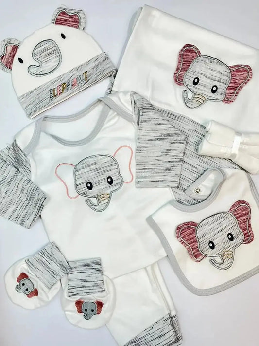 Little Flower baby clothing set with cute elephant designs, hat, mittens, bib, and blanket