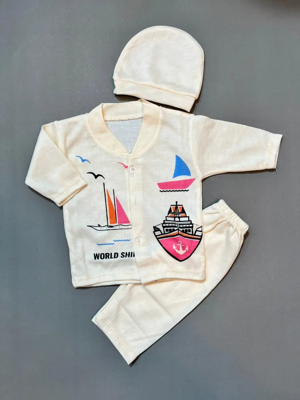 Newborn Suit Set Pack of 3 β Front Open Shirt, Pajama & Cap | Soft Cotton Outfit