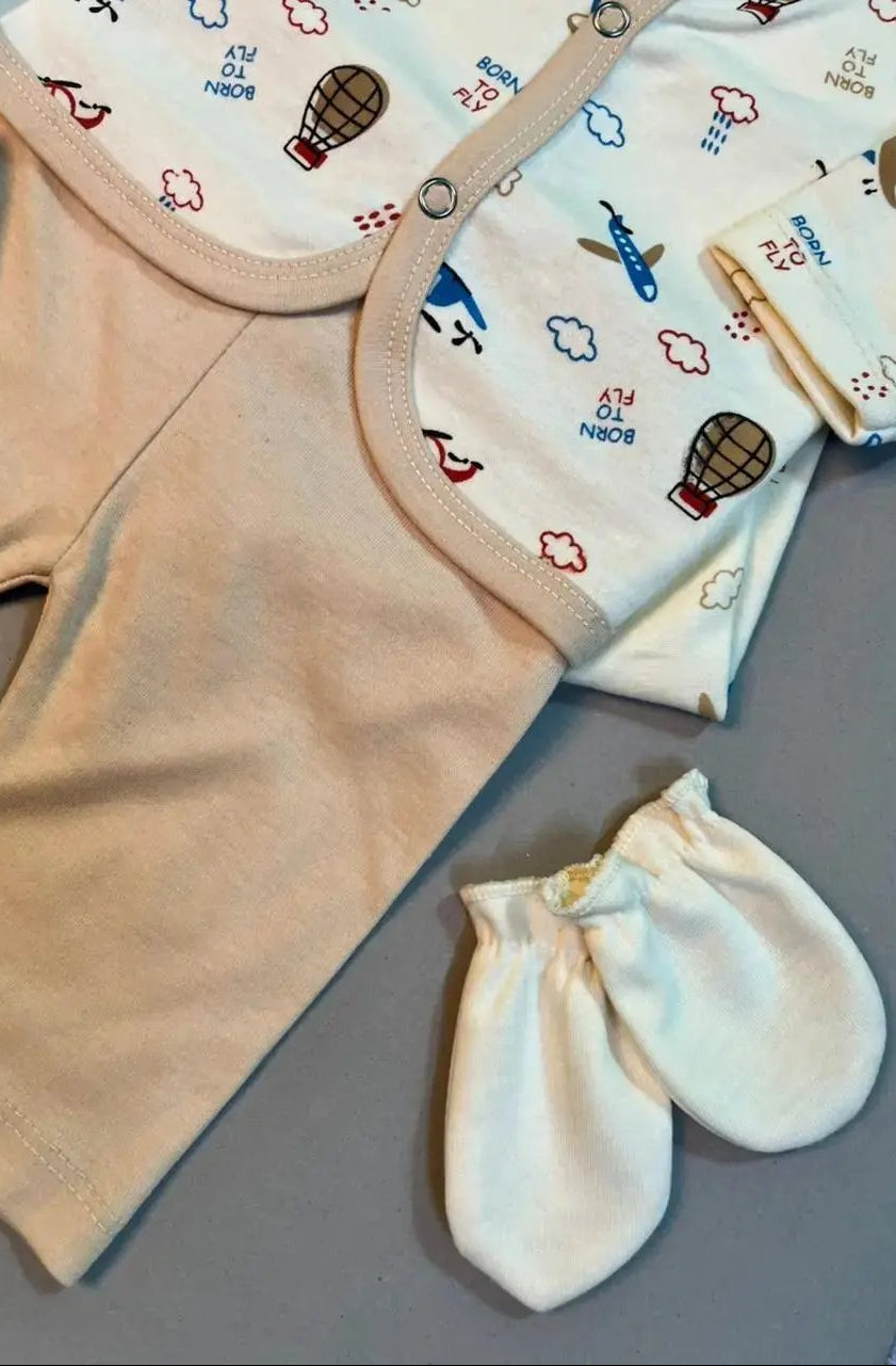 Born To Fly Baby Gift Set – Beige Airplane Print | 8-Piece Cotton Outfit for Newborn Boys