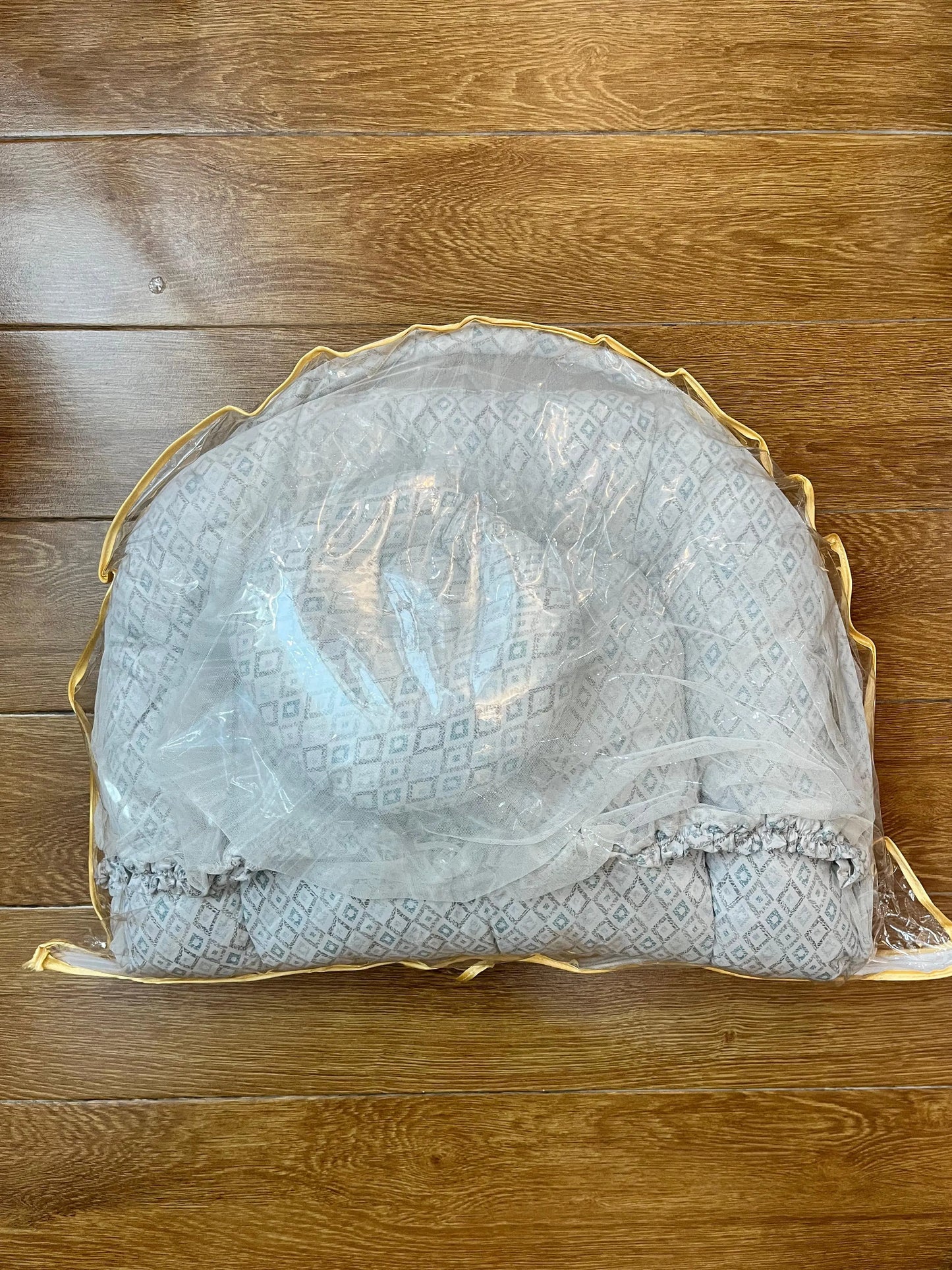 Baby Net Bed With Pillow | Green and Maroon small boxes on white