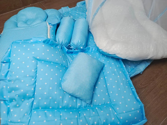 8Pc Baby Bedding Set on Soft Cotton Fabric with Light Blue and white dots (0β2 Years)