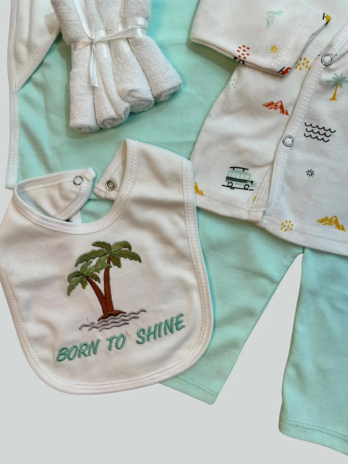 8-Piece Newborn Baby Gift Set – Soft Cotton with Hooded Towel & Bib | Born To Shine Theme (0–6 Months)