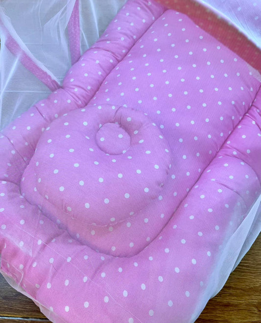 Baby Net Bed With Pillow | Pink Dots on White
