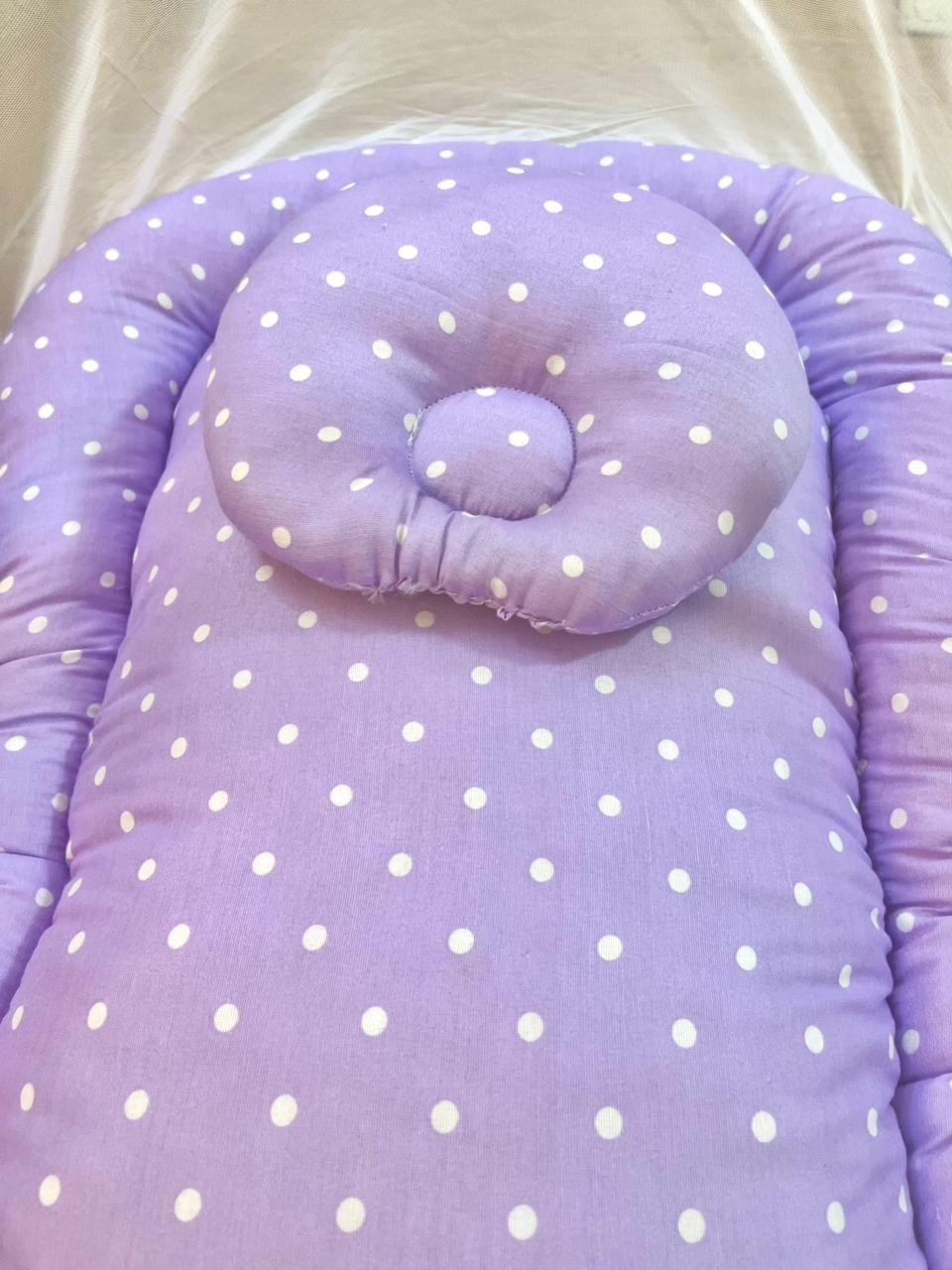Baby Net Bed With Pillow | Purple Dots on White