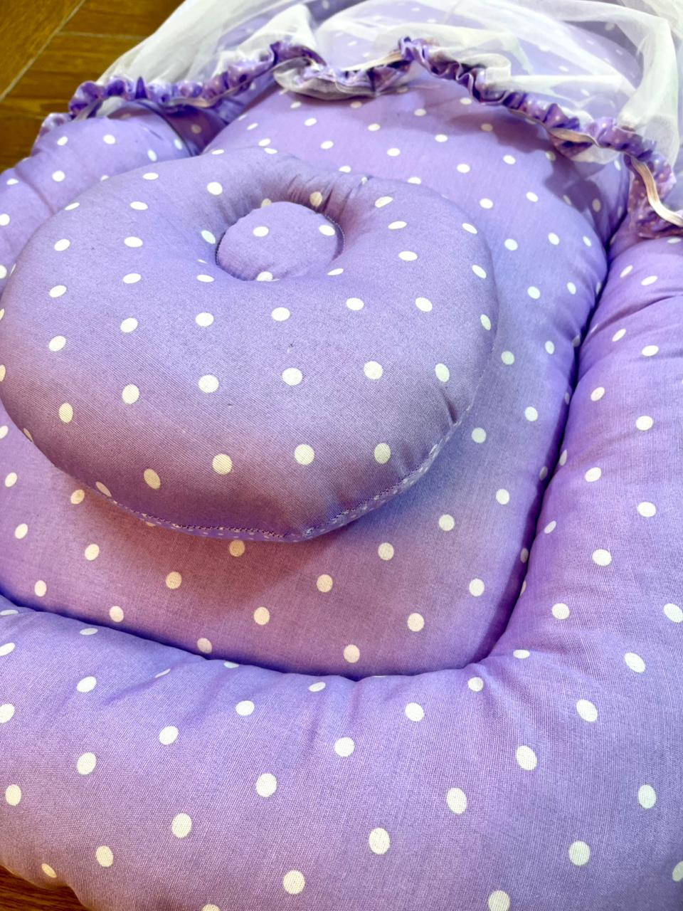 Baby Net Bed With Pillow | Purple Dots on White