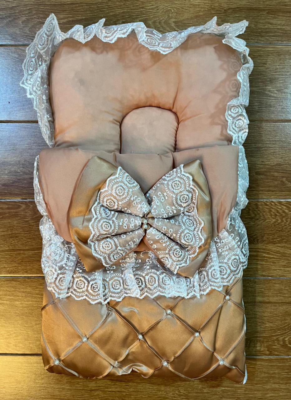 Little Flower – Premium Satin Baby Carry Nest with Lace & Bow – Gold