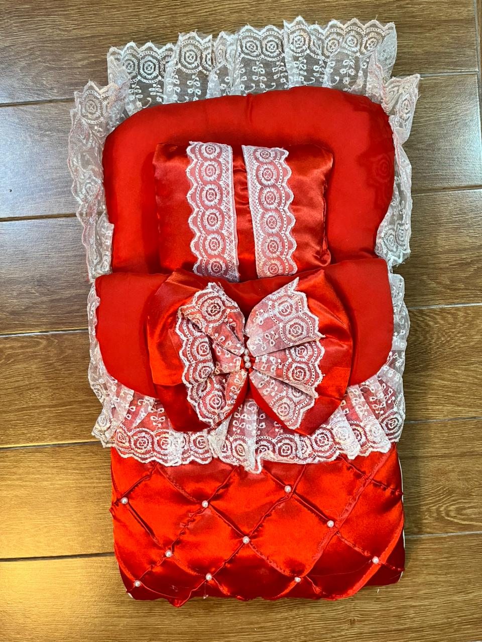 Little Flower – Premium Satin Baby Carry Nest with Lace & Bow – Red