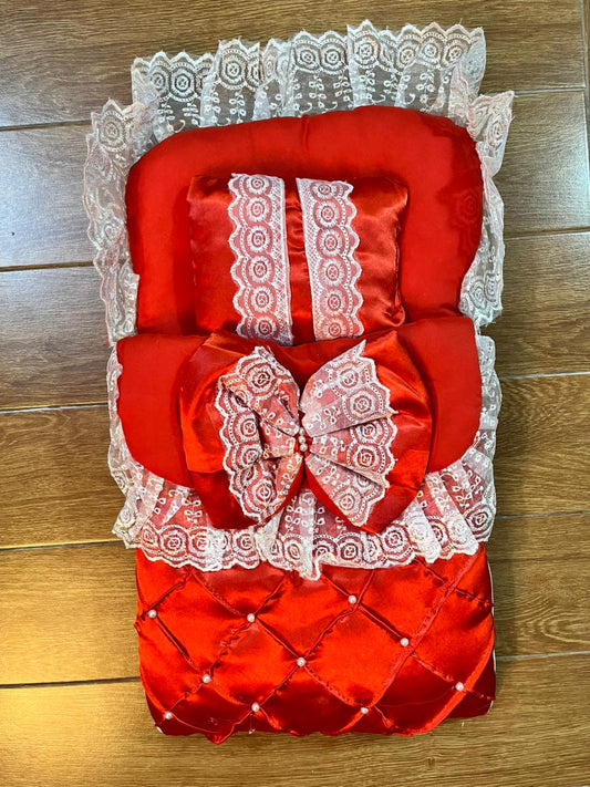 Little Flower – Premium Satin Baby Carry Nest with Lace & Bow – Red