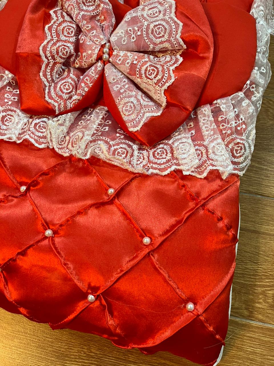 Little Flower – Premium Satin Baby Carry Nest with Lace & Bow – Red