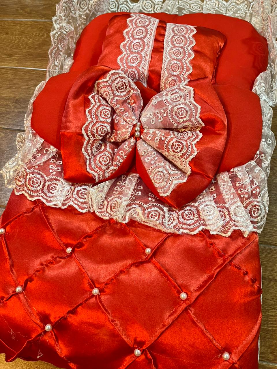 Little Flower – Premium Satin Baby Carry Nest with Lace & Bow – Red