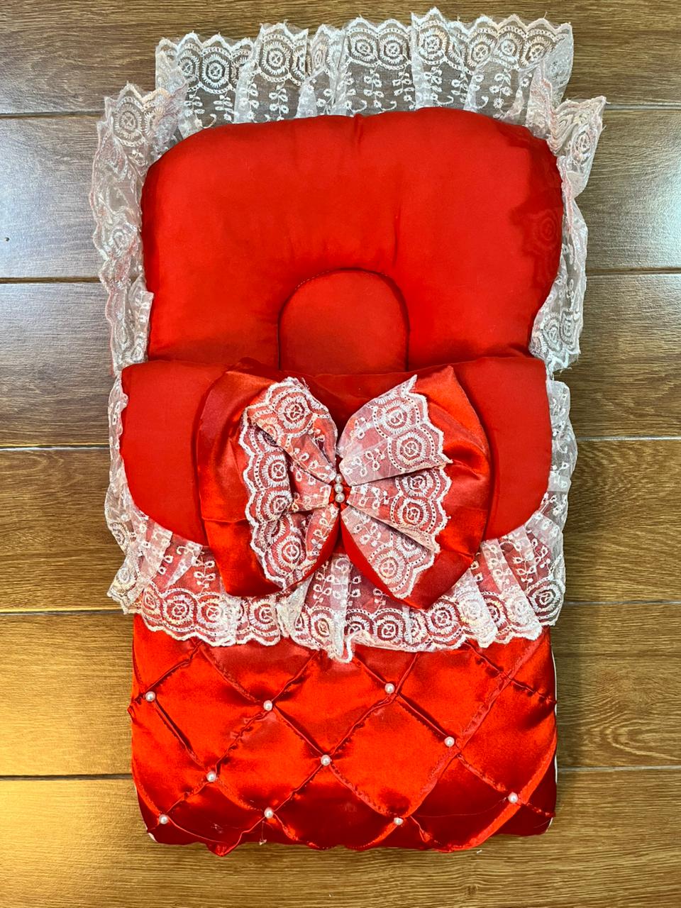 Little Flower – Premium Satin Baby Carry Nest with Lace & Bow – Red