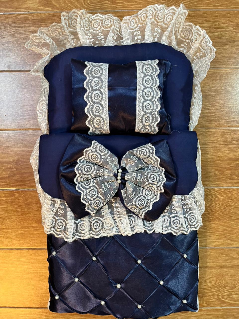 Little Flower – Premium Satin Baby Carry Nest with Lace & Bow – Dark Blue