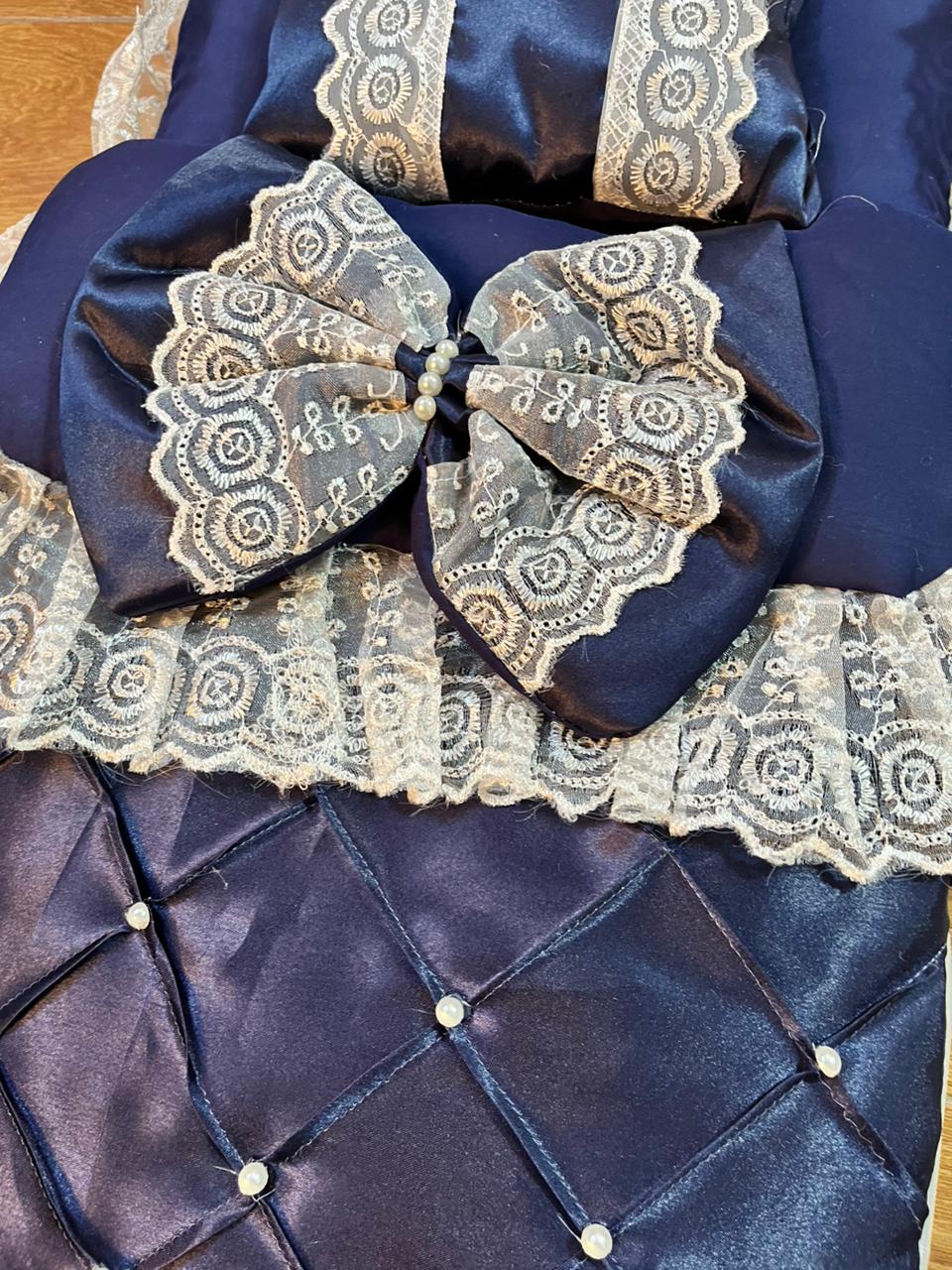 Little Flower – Premium Satin Baby Carry Nest with Lace & Bow – Dark Blue