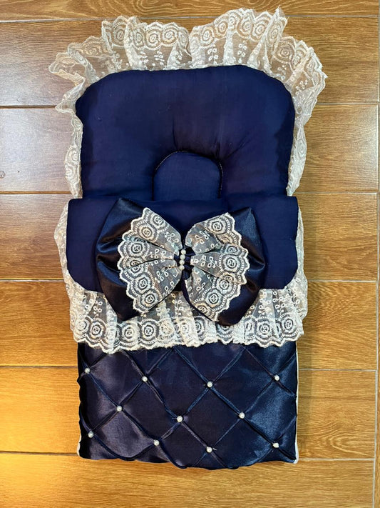 Little Flower – Premium Satin Baby Carry Nest with Lace & Bow – Dark Blue