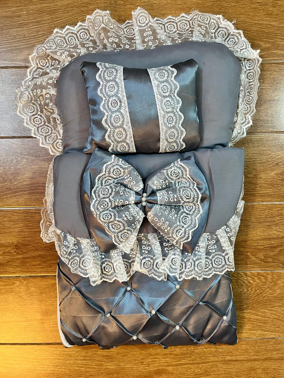 Little Flower – Premium Satin Baby Carry Nest with Lace & Bow – Grey