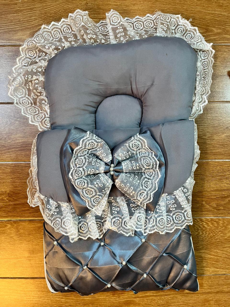 Little Flower – Premium Satin Baby Carry Nest with Lace & Bow – Grey