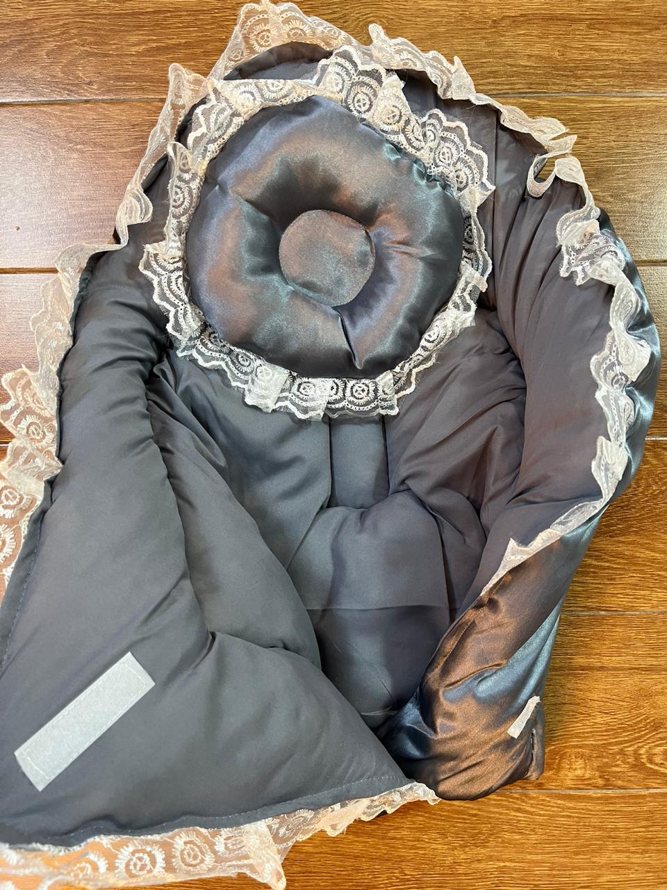 Little Flower – Soft Satin Newborn Baby Wrapping Nest with Pillow – Gery