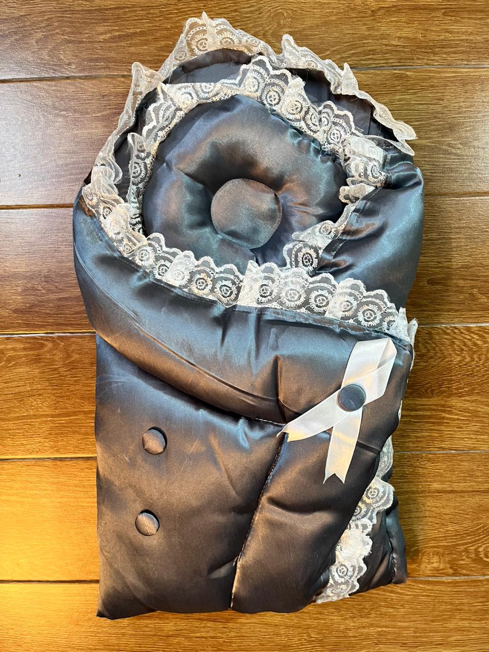 Little Flower – Soft Satin Newborn Baby Wrapping Nest with Pillow – Gery