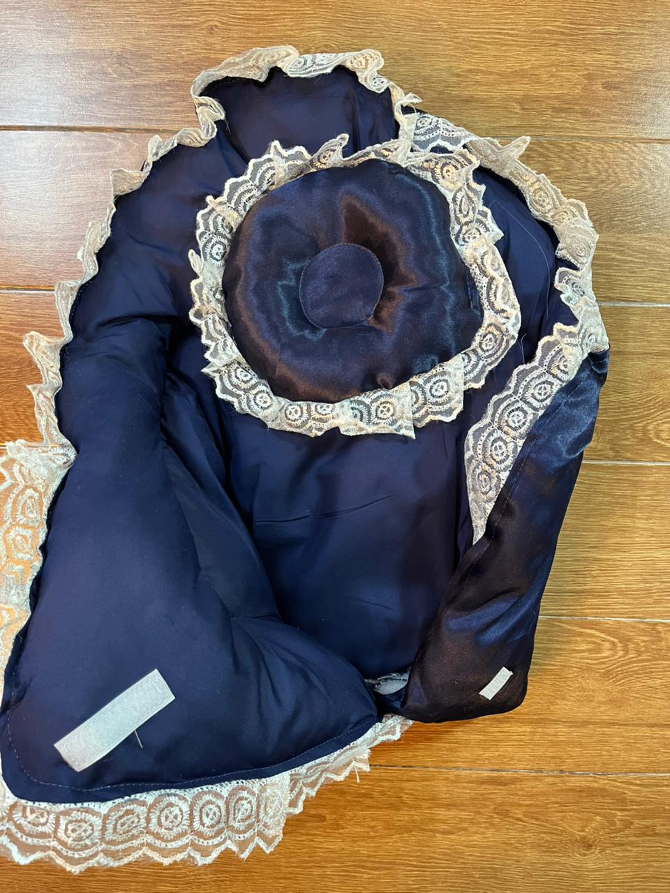 Little Flower – Soft Satin Newborn Baby Wrapping Nest with Pillow – Dark Blue