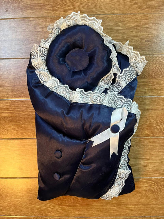 Little Flower – Soft Satin Newborn Baby Wrapping Nest with Pillow – Dark Blue