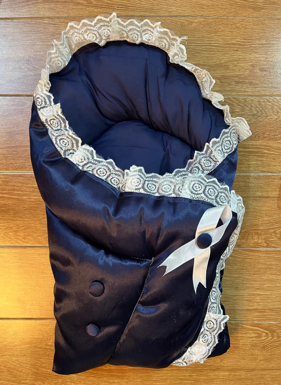 Little Flower – Soft Satin Newborn Baby Wrapping Nest with Pillow – Dark Blue