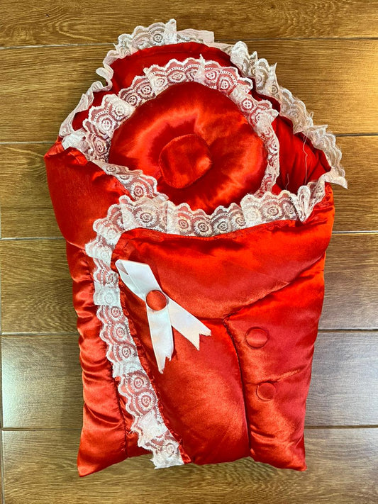 Little Flower – Soft Satin Newborn Baby Wrapping Nest with Pillow – Red