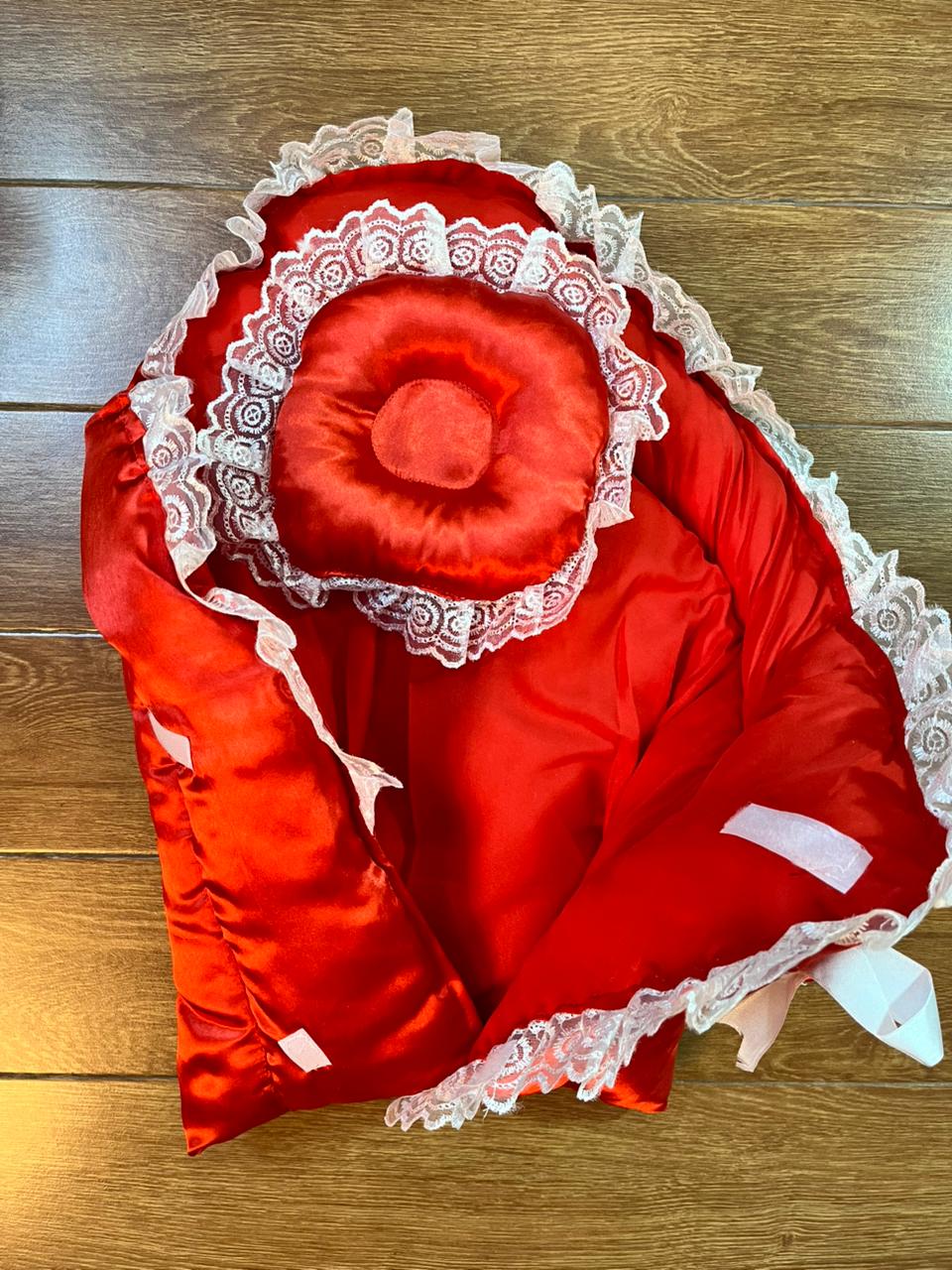Little Flower – Soft Satin Newborn Baby Wrapping Nest with Pillow – Red