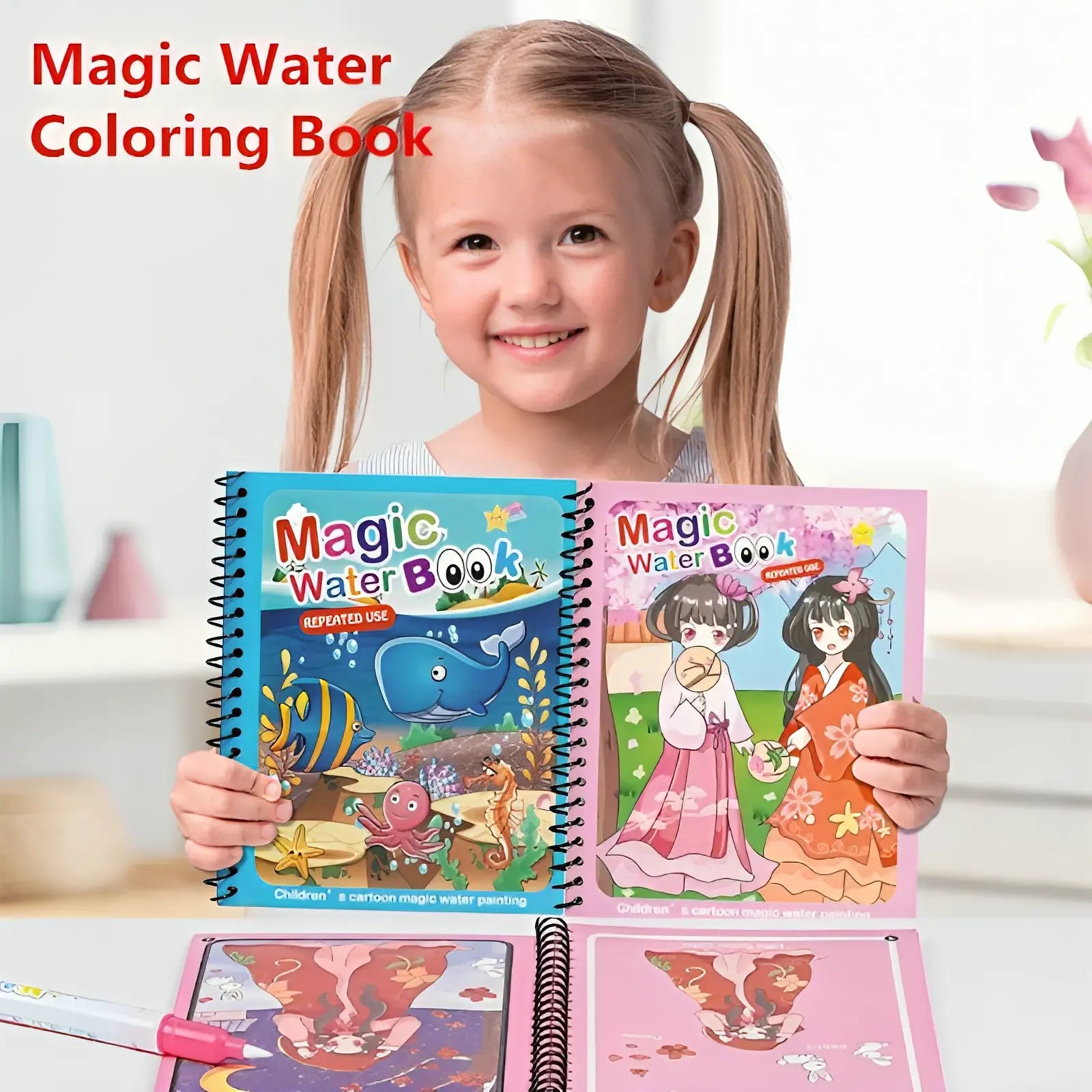 Magic Water Painting Value Pack — 4 Books + 4 Pens (Reusable Color Reveal) - Little Flower 