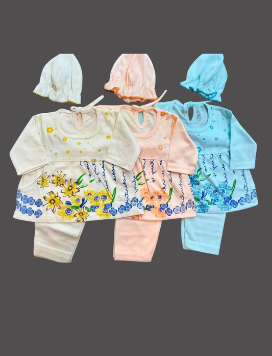 Baby Frock Suit Set Pack of 3– Soft Cotton, Comfortable Daily Wear (0–6 Months)