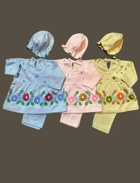 3-Piece Baby Frock Suit Set Pack of 3 – Soft Cotton, Comfortable & Everyday Wear (0–6 Months) - Little Flower 