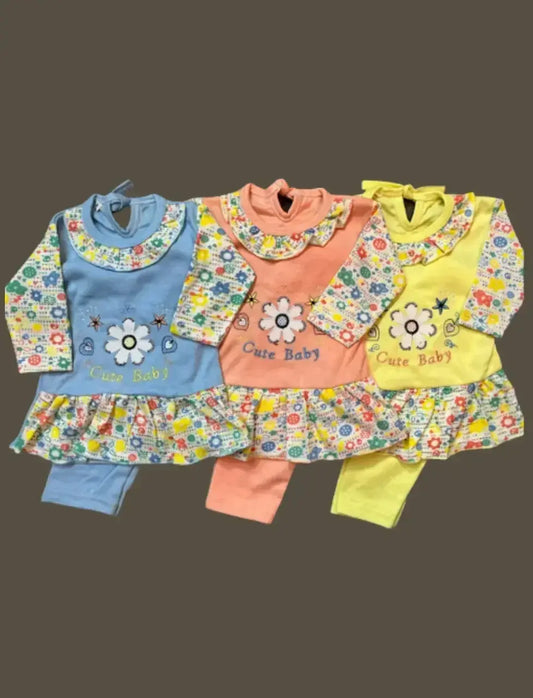 3-Piece Baby Frock Suit Set Pack of 3 – Soft Cotton, Embroidered “Cute Baby” Design (1-2 Year) - Little Flower 