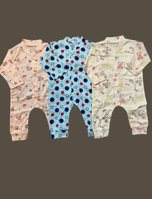 Full Body Romper Set Pack of 3 – Soft Cotton Full Body Sleepsuits (0–6 Months)