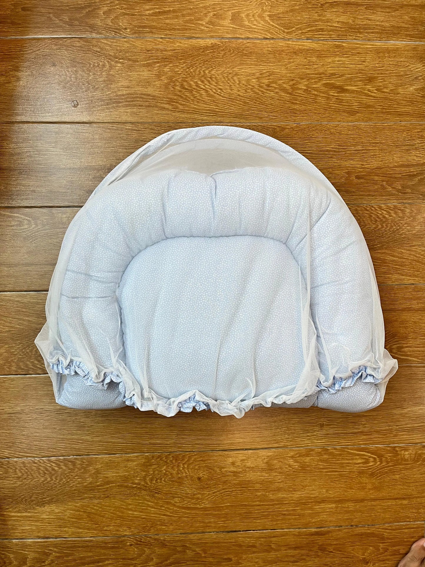 Baby Net Bed With Pillow | White dots on Sky blue
