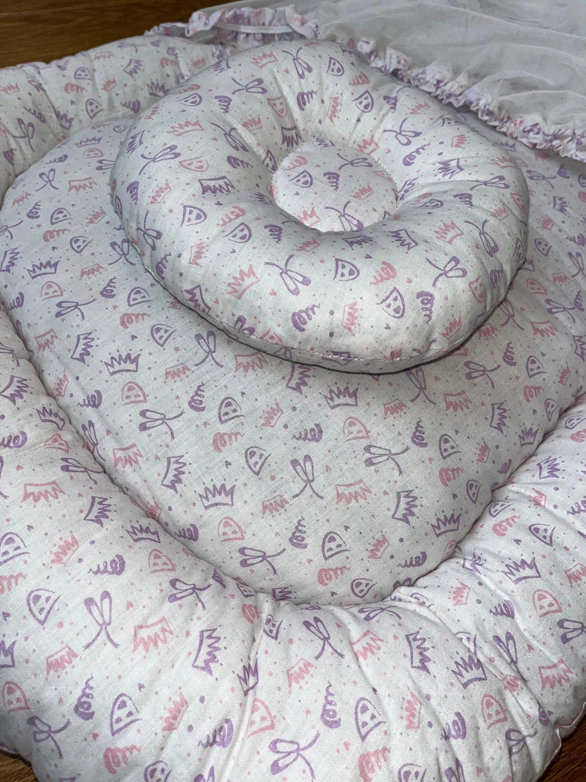Baby Bed with Net with Pillow – (0–2 Year) | pink and purple print on White Little Flower