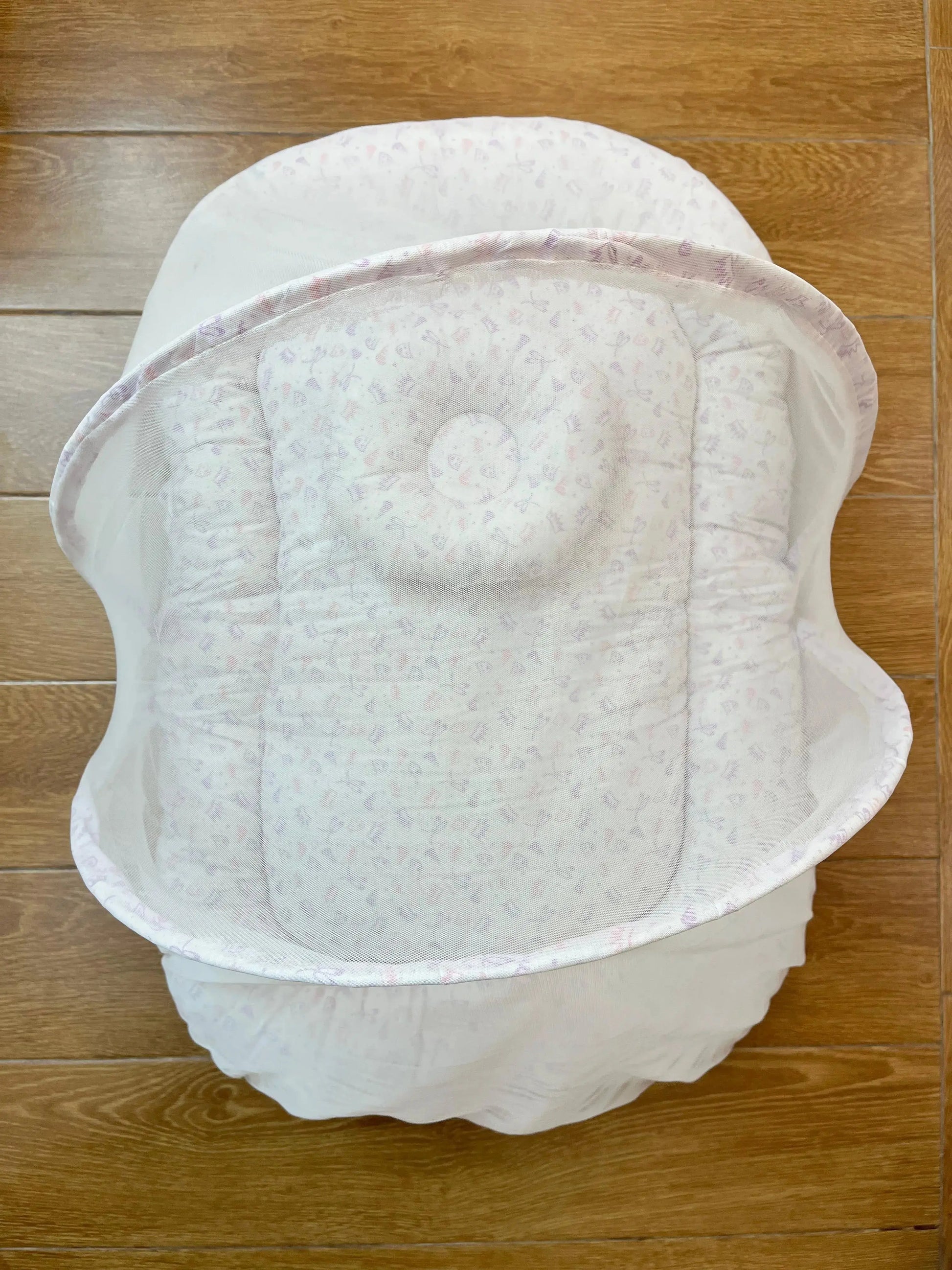 Baby Bed with Net with Pillow – (0–2 Year) | pink and purple print on White Little Flower