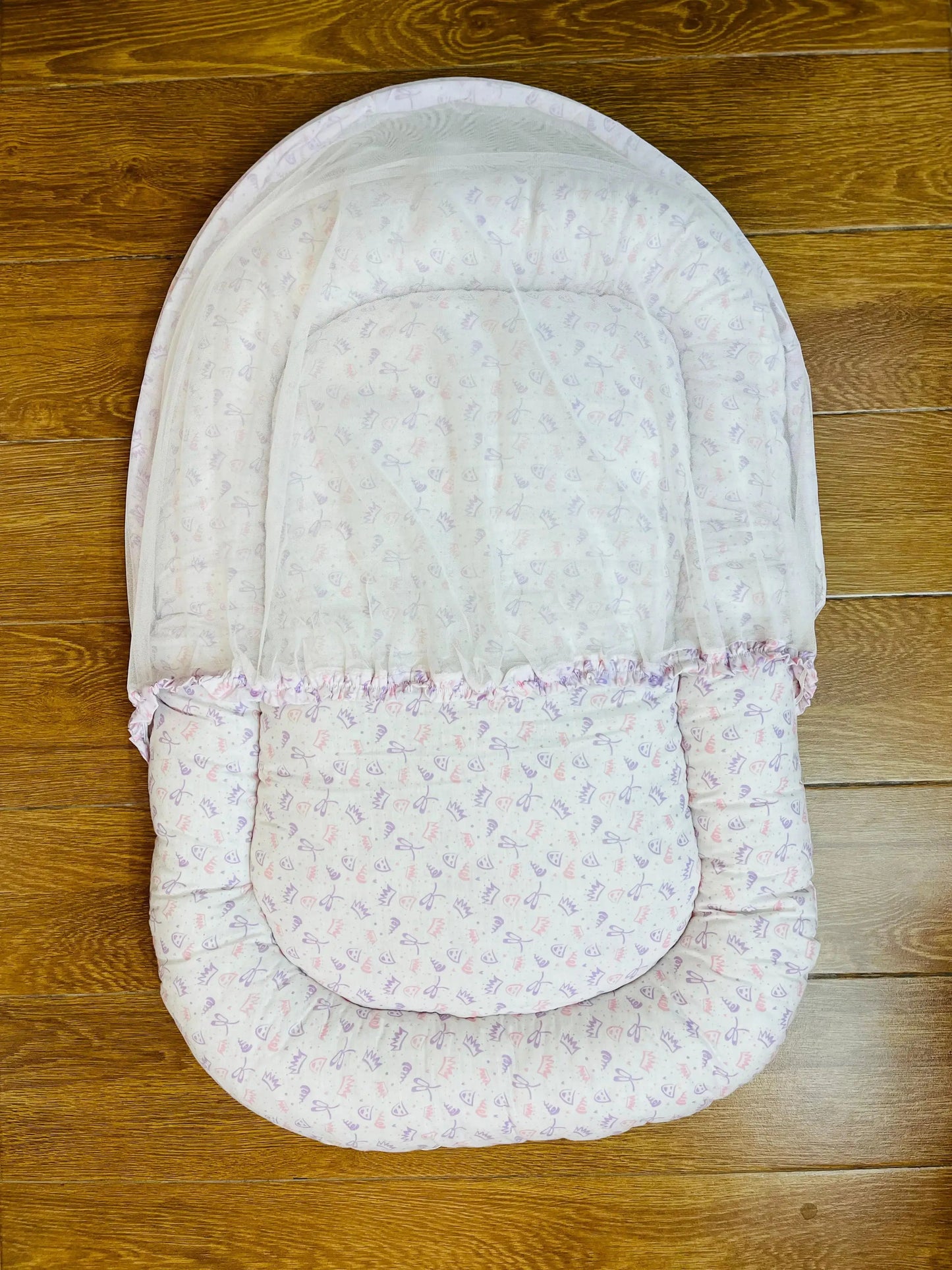 Baby Bed with Net with Pillow – (0–2 Year) | pink and purple print on White Little Flower