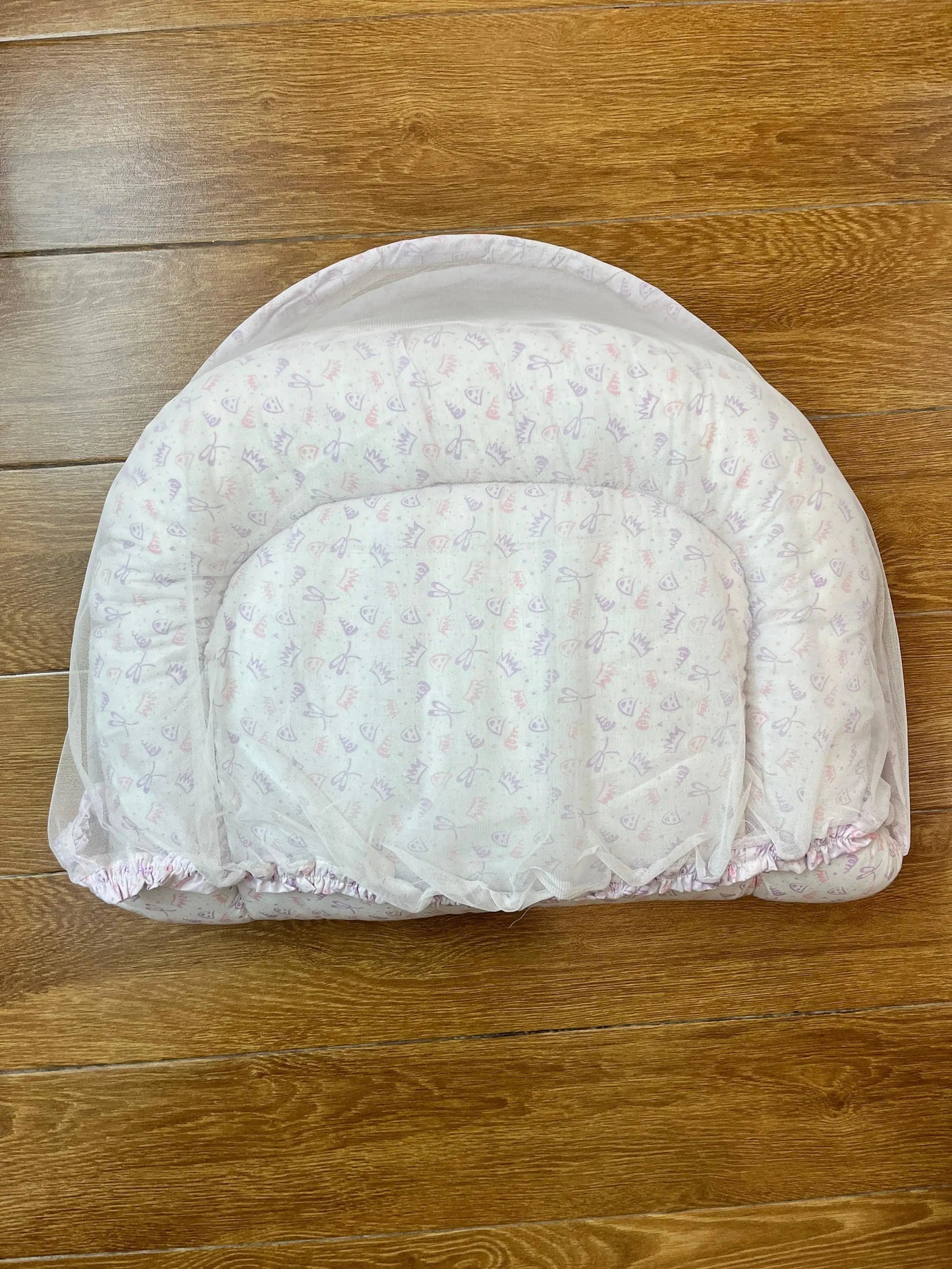 Baby Bed with Net with Pillow – (0–2 Year) | pink and purple print on White Little Flower