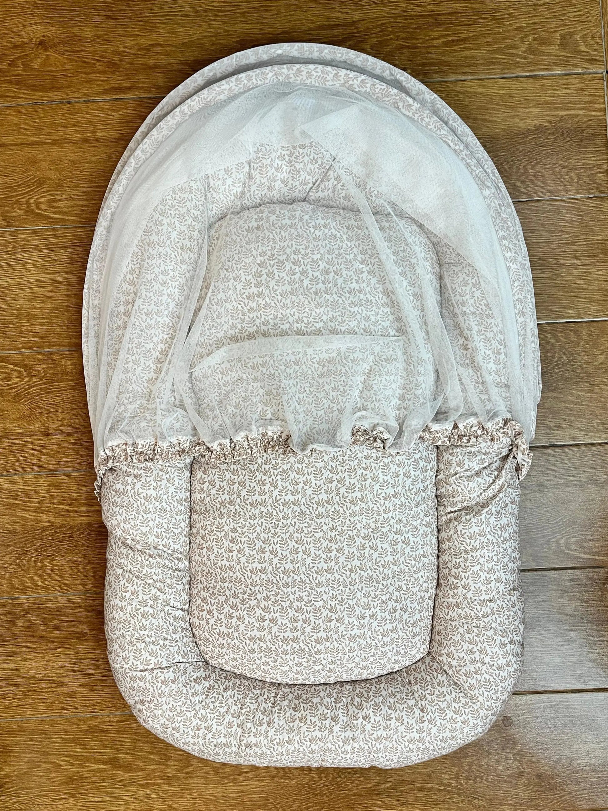 Baby Bed with Net with Pillow – (0–2 Year) | Brown leaves on white Little Flower