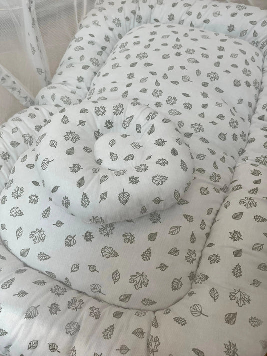 Baby Net Bed with FREE Pillow – (0–2 Year) | Green Leaves on White print Little Flower