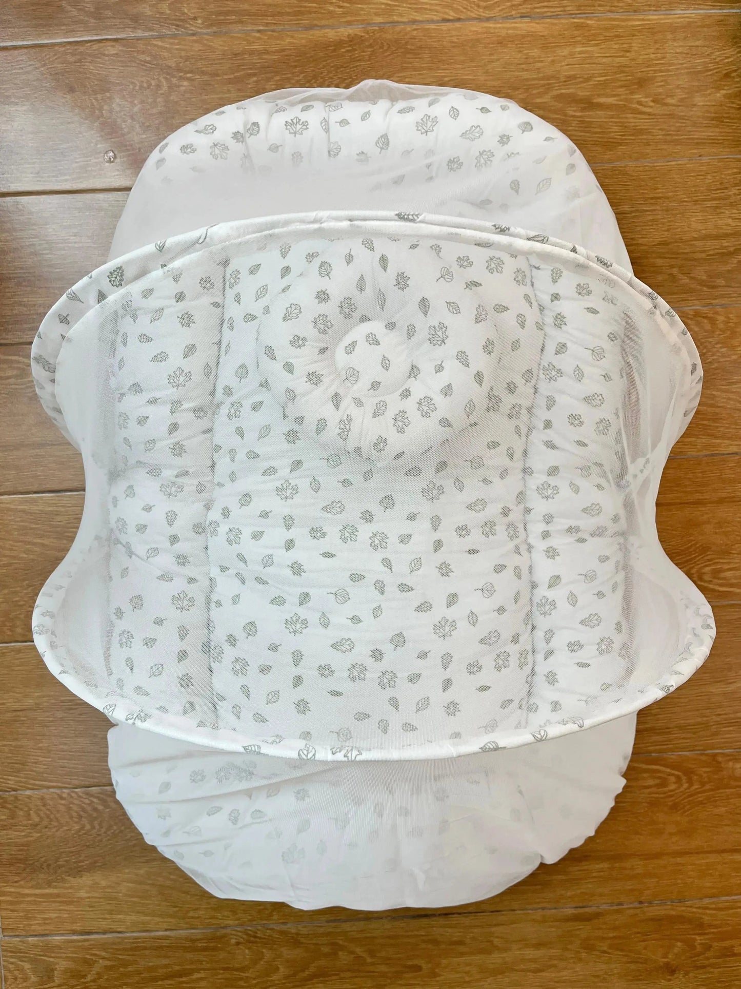 Baby Net Bed with FREE Pillow – (0–2 Year) | Green Leaves on White print Little Flower