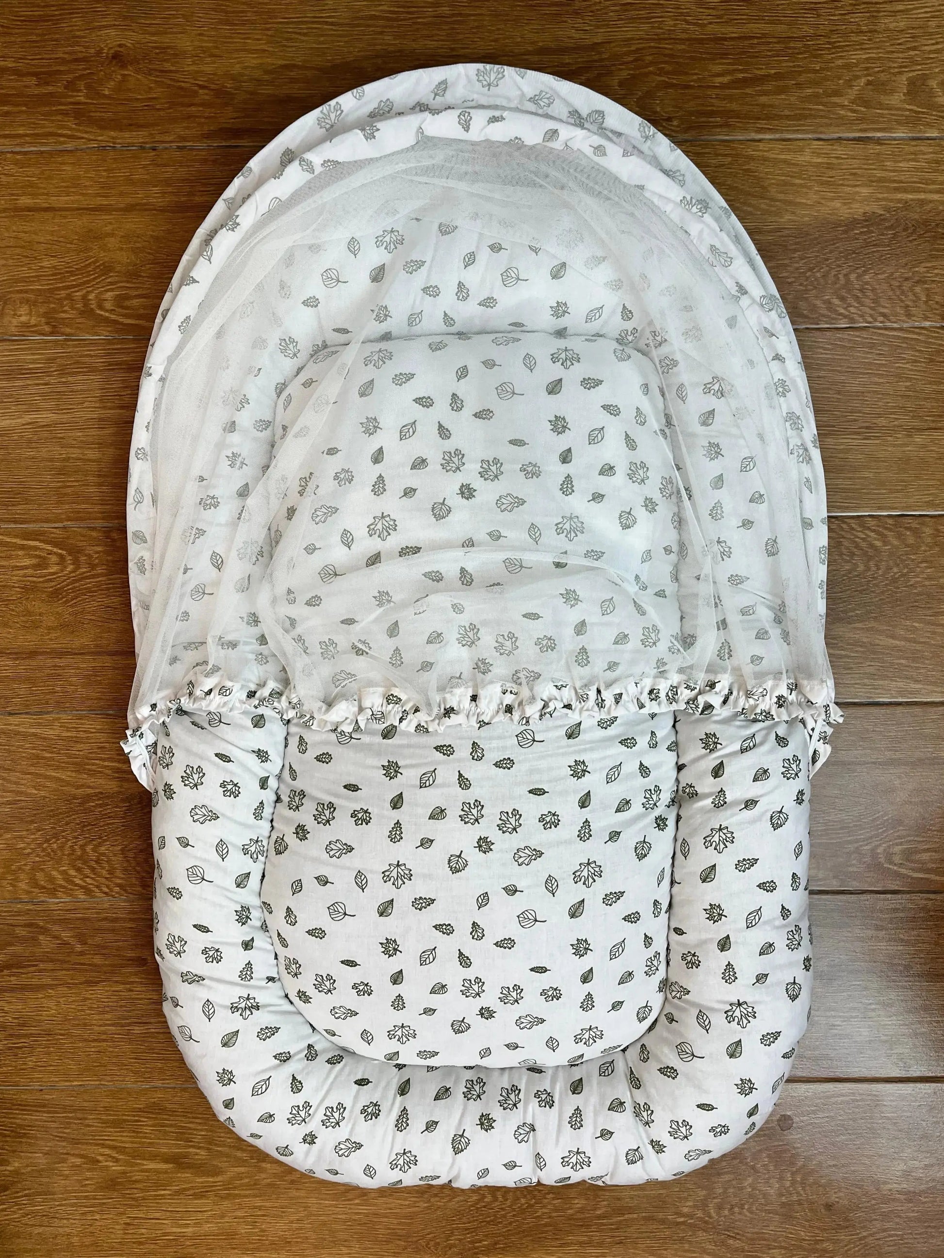 Baby Net Bed with FREE Pillow – (0–2 Year) | Green Leaves on White print Little Flower
